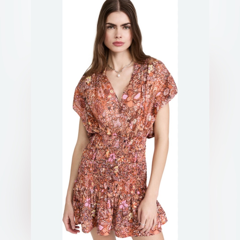 A.L.C. Carly Smocked Print Silk Mini Dress in Sorbet Sz 10 Spring Travel‎ Light